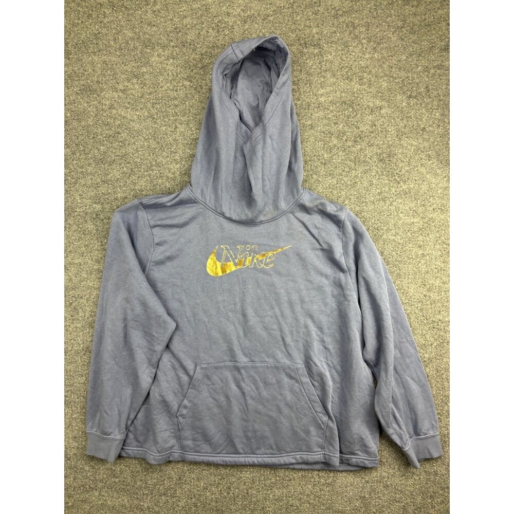 Nike Pullover Hoodie Women's 1X Gray Gold Metallic Logo Funnel Neck Pocket